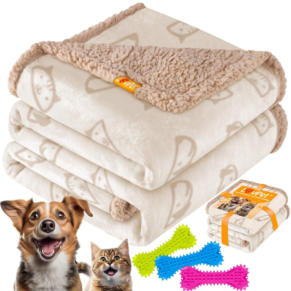 LOVPET® Hunde Decke Wasserdicht Haustier Trockenbett Fleece, 3X Spielzeugknoch