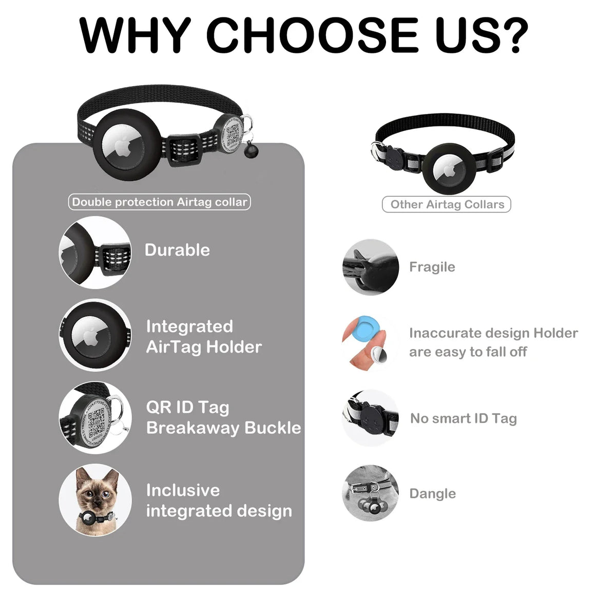 GPS Cat Collar with Airtag Holder & QR Name Tag for Tracker Cats, Anti-Loss Reflective Kitten Collar Location Case for Air Tag