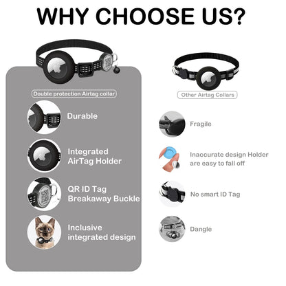 GPS Cat Collar with Airtag Holder & QR Name Tag for Tracker Cats, Anti-Loss Reflective Kitten Collar Location Case for Air Tag