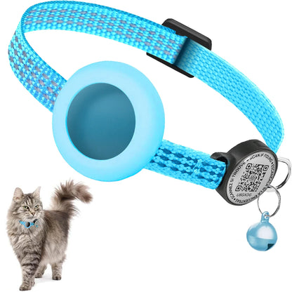 GPS Cat Collar with Airtag Holder & QR Name Tag for Tracker Cats, Anti-Loss Reflective Kitten Collar Location Case for Air Tag