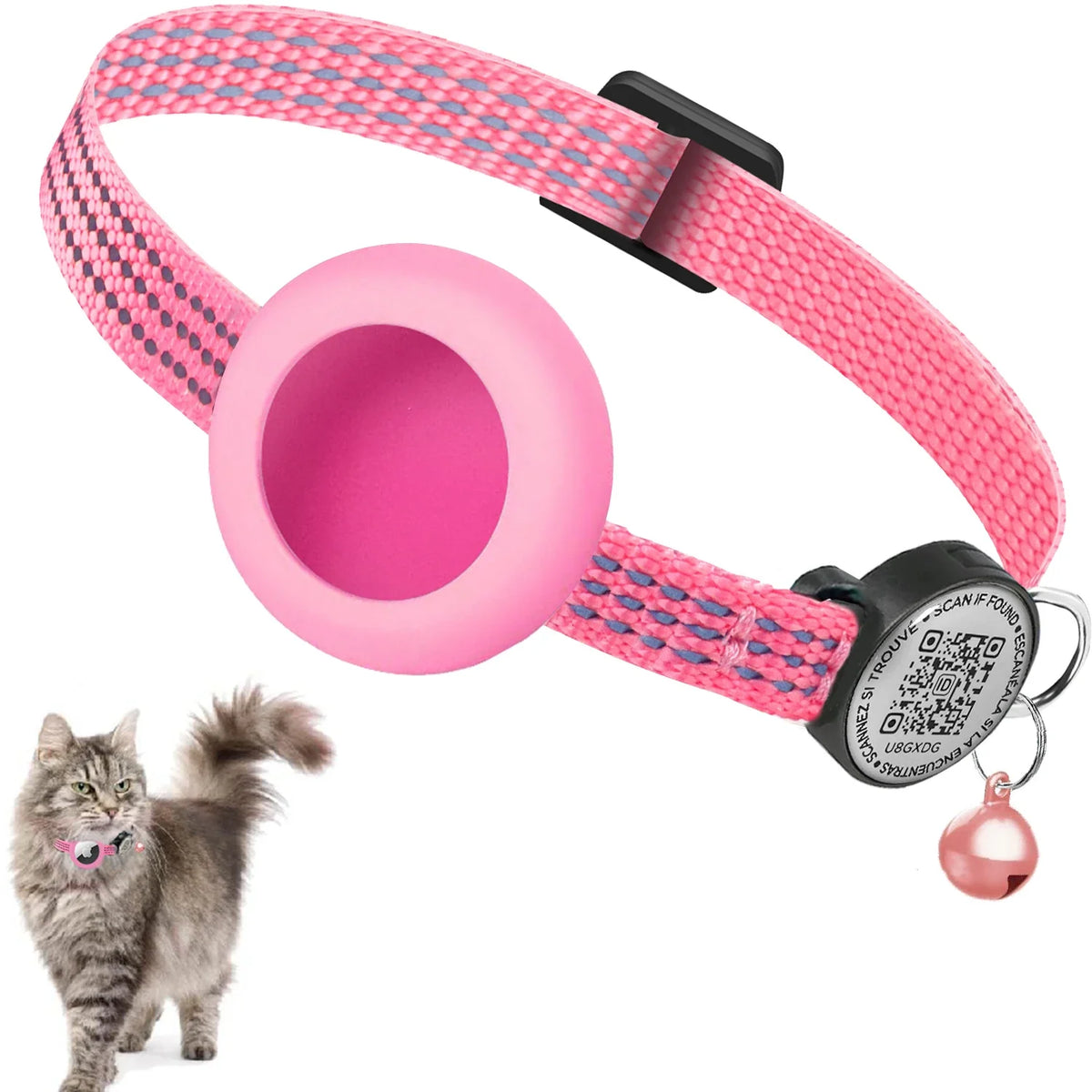 GPS Cat Collar with Airtag Holder & QR Name Tag for Tracker Cats, Anti-Loss Reflective Kitten Collar Location Case for Air Tag