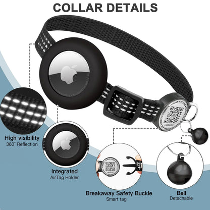 GPS Cat Collar with Airtag Holder & QR Name Tag for Tracker Cats, Anti-Loss Reflective Kitten Collar Location Case for Air Tag