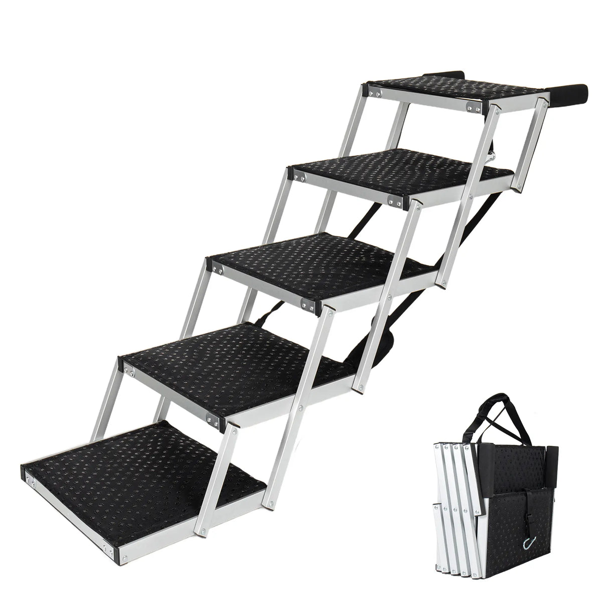 5-Step Heavy-Duty Aluminum Frame Foldable Dog Stairs - No Assembly, Foam Handle, Non-Slip Surface, Adjustable Length, Joint-Safe Design, Boost Stability, Supports up to 250 Lbs for Cars, High Beds