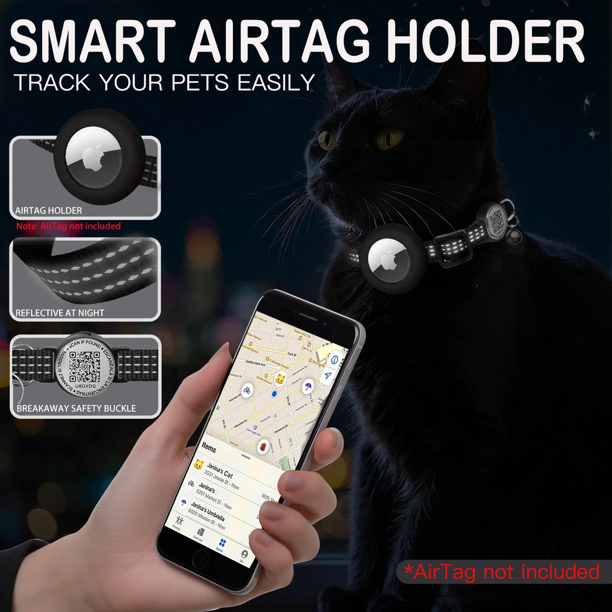 GPS Cat Collar with Airtag Holder & QR Name Tag for Tracker Cats, Anti-Loss Reflective Kitten Collar Location Case for Air Tag