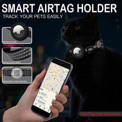GPS Cat Collar with Airtag Holder & QR Name Tag for Tracker Cats, Anti-Loss Reflective Kitten Collar Location Case for Air Tag